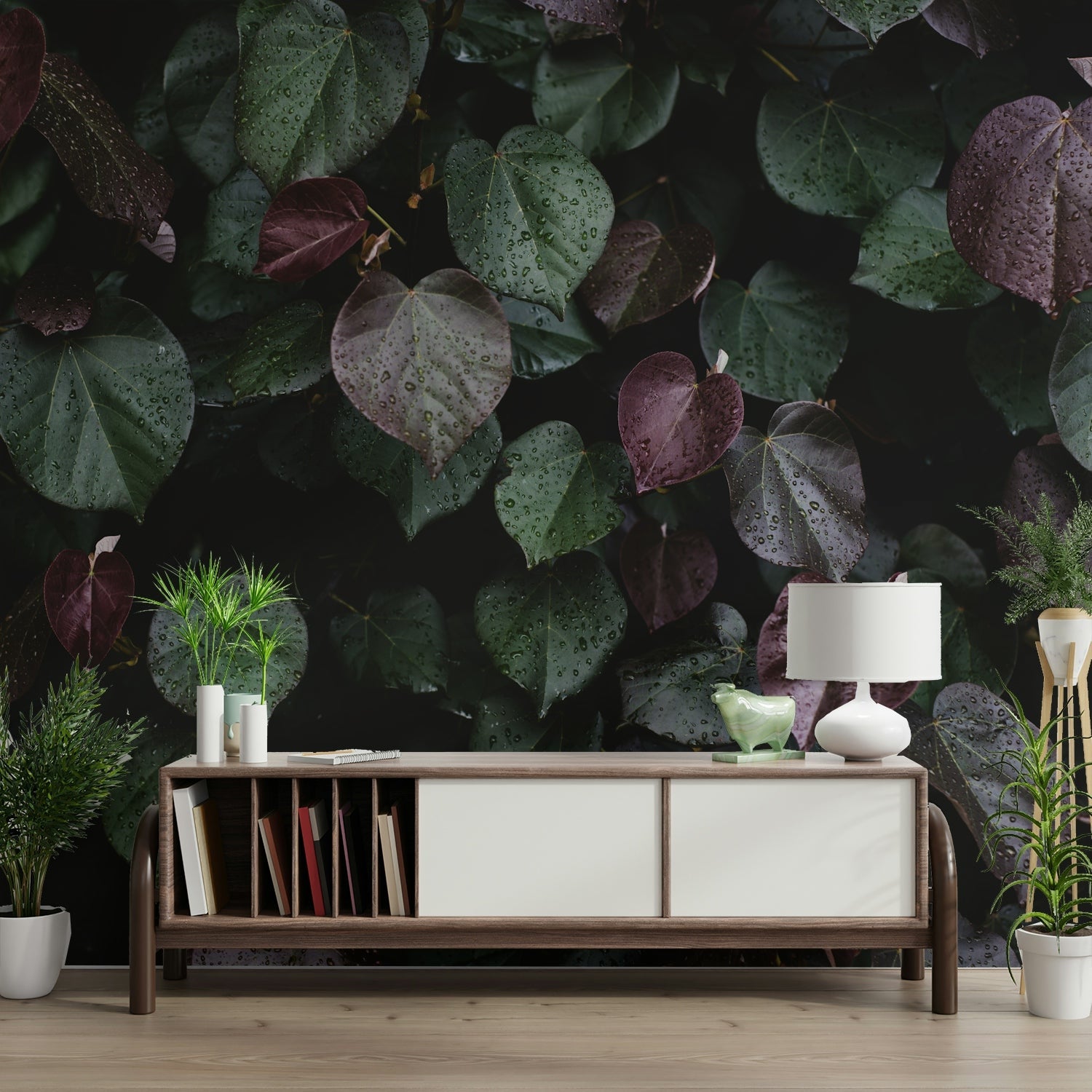 A beautiful modern art wall mural of delicate leaves.

