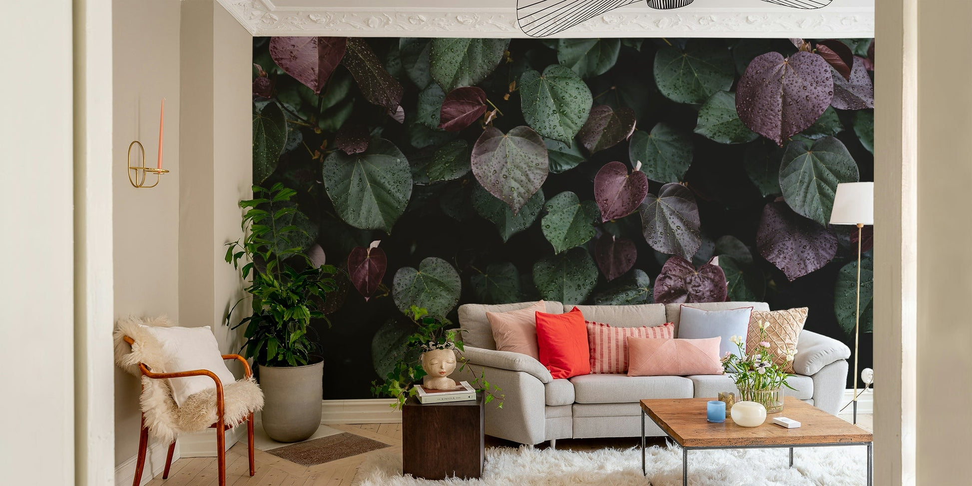 A beautiful serene scene wallpaper mural of winter leaves.

