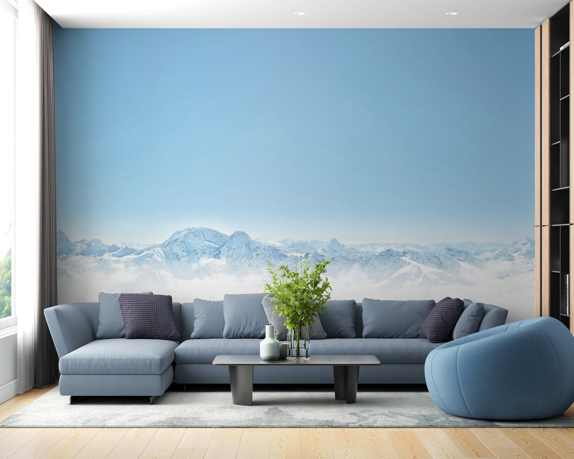 Serene winter mountain wallpaper mural with snowy peaks. mountain-01