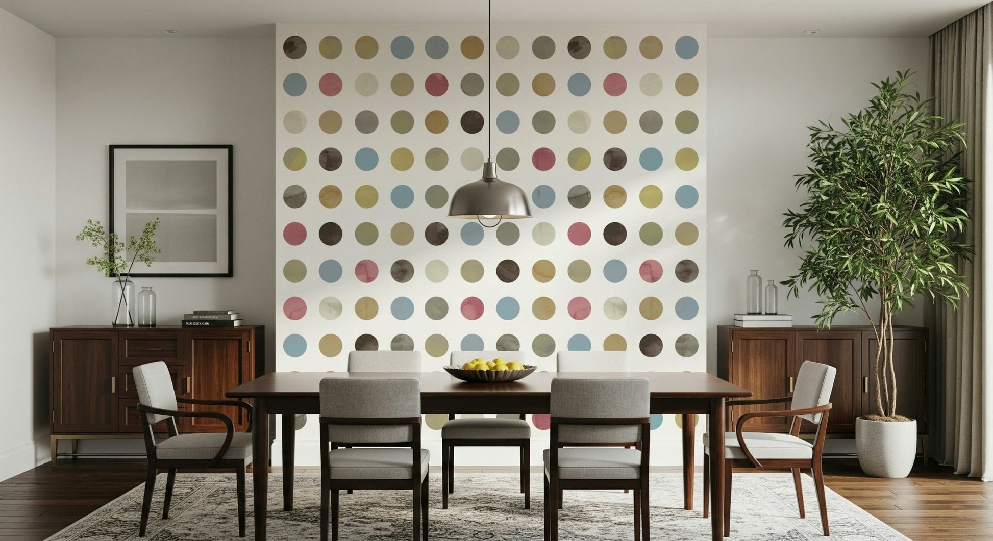 A beautiful whimsical winter pastel dot wallpaper mural with soft, scattered circles.