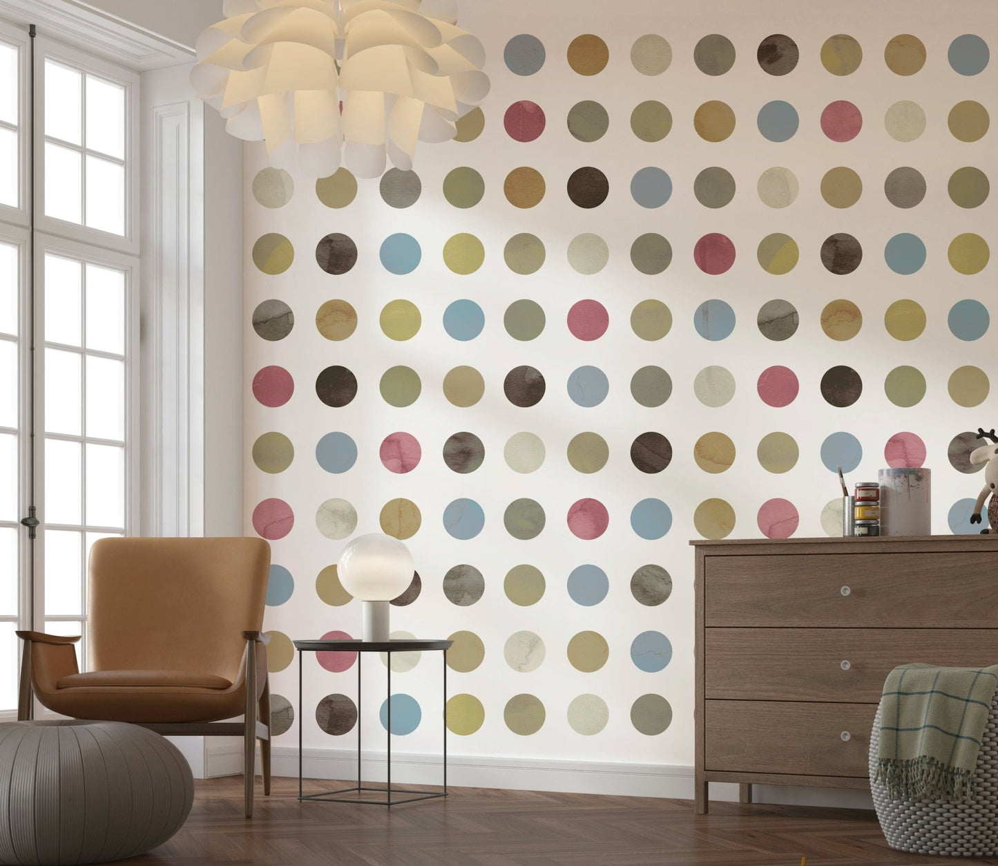 A calming abstract design wallpaper mural that defines a space.