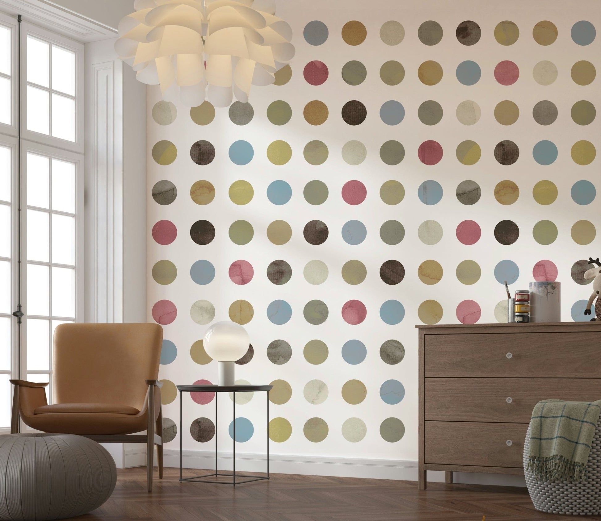 A calming abstract design wallpaper mural that defines a space.