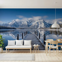 Dining room design using Winter Peaks Reflection wall mural and calm water, GD9256