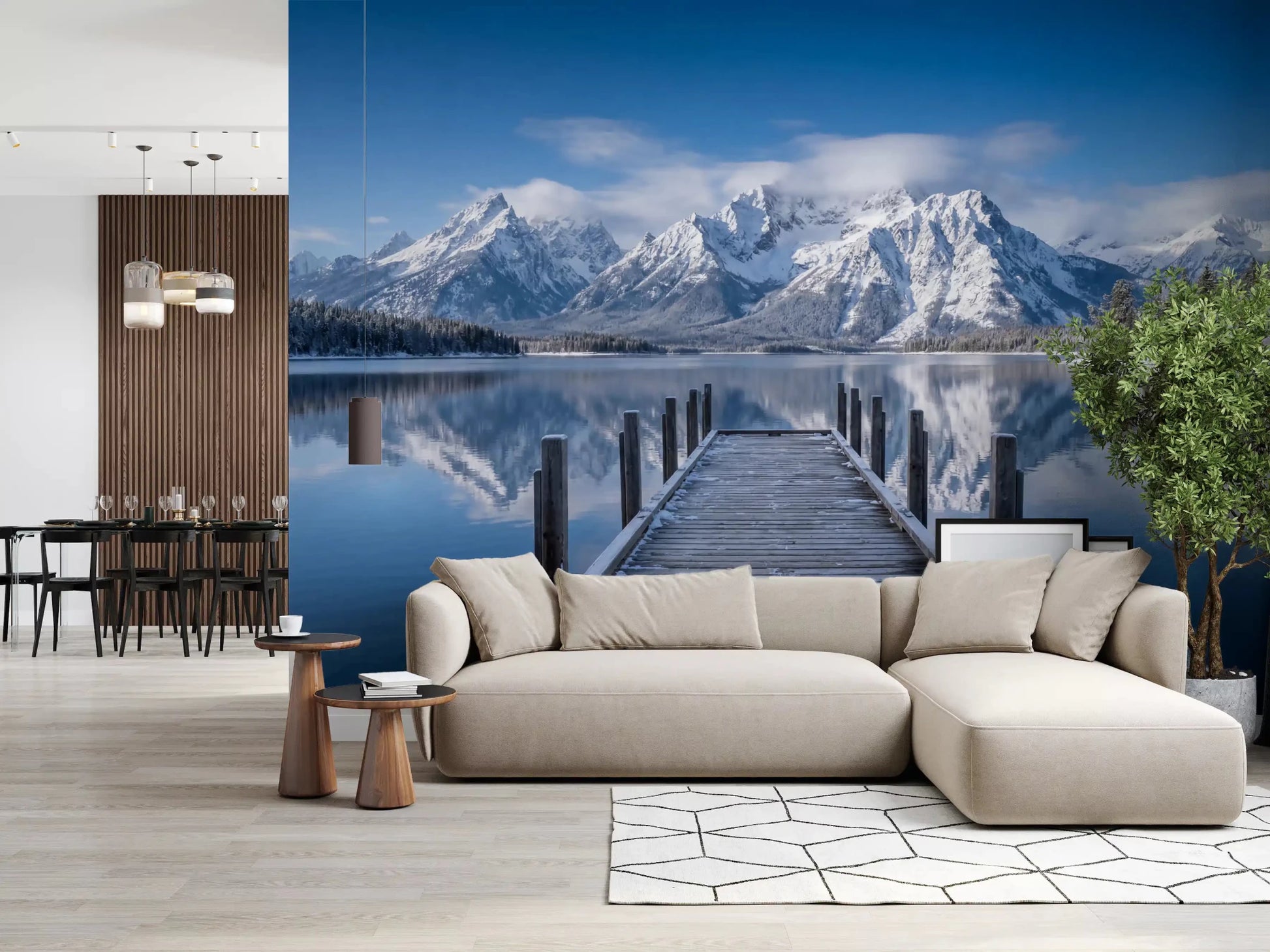 Living room styled with Winter Peaks Reflection wall mural and lake view, GD9256