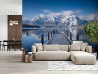 Living room styled with Winter Peaks Reflection wall mural and lake view, GD9256