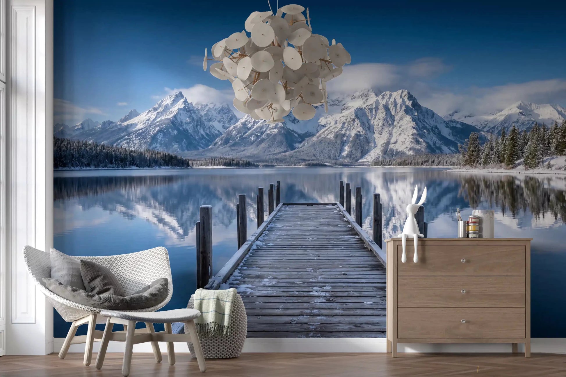 Snow mountain wall mural with Winter Peaks Reflection lake reflection, GD9256