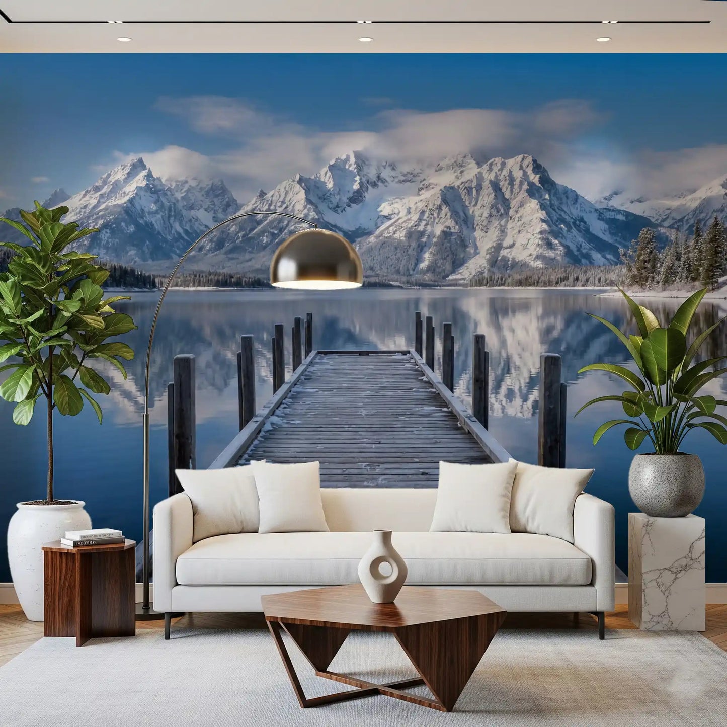 Winter Peaks Reflection wall mural featuring dock and alpine landscape, GD9256