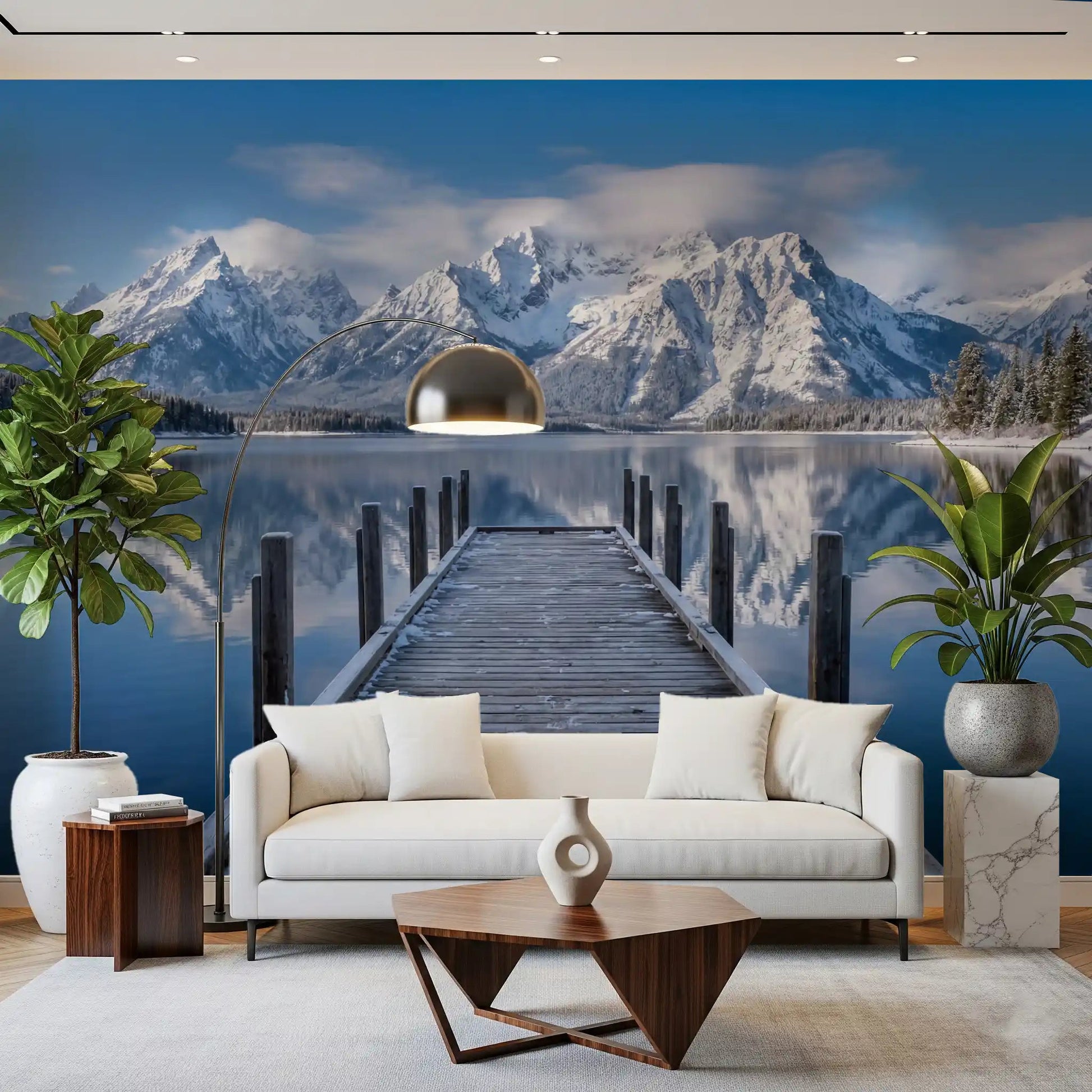 Winter Peaks Reflection wall mural featuring dock and alpine landscape, GD9256