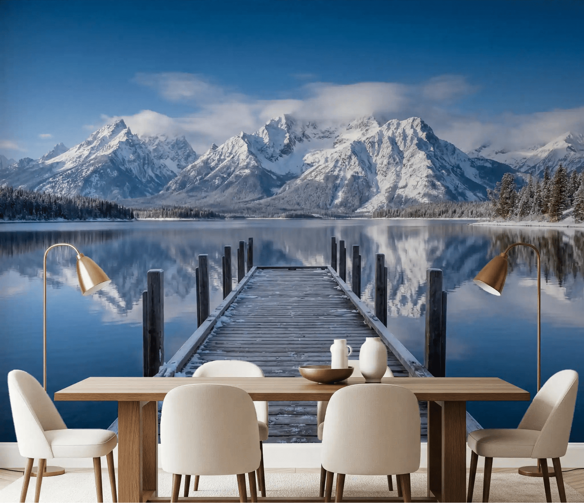 Dining room setup with Winter Peaks Reflection wall mural mountain scene, GD9256