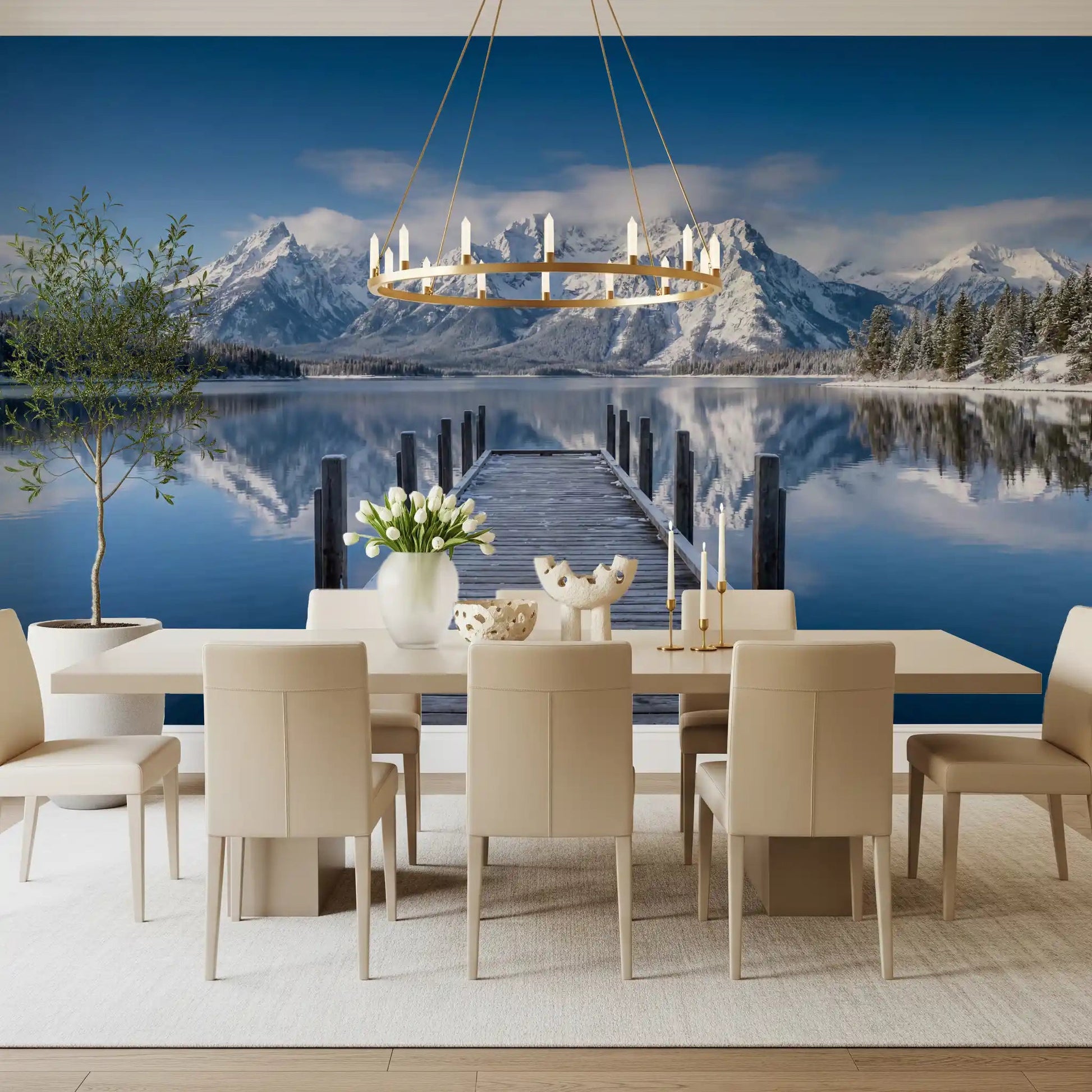 Winter Peaks Reflection wall mural showing snowy mountains and still lake, GD9256