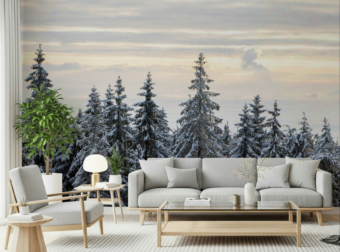 Living room area enhanced with Winter Pine Serenity wall mural and snowy forest feel