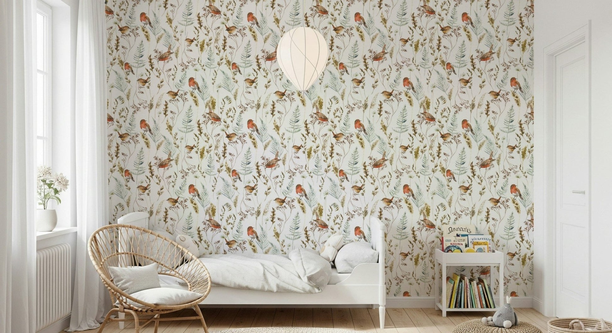 Neutral toned botanical wallpaper with bird motifs for a serene bedroom wall.