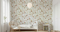 Neutral toned botanical wallpaper with bird motifs for a serene bedroom wall.