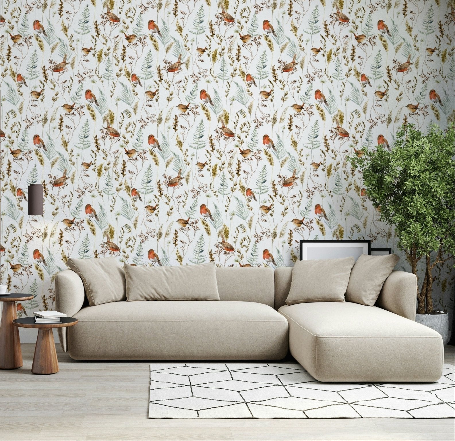 Red robins perched on frost-covered branches in a modern Indian living room., GD7347