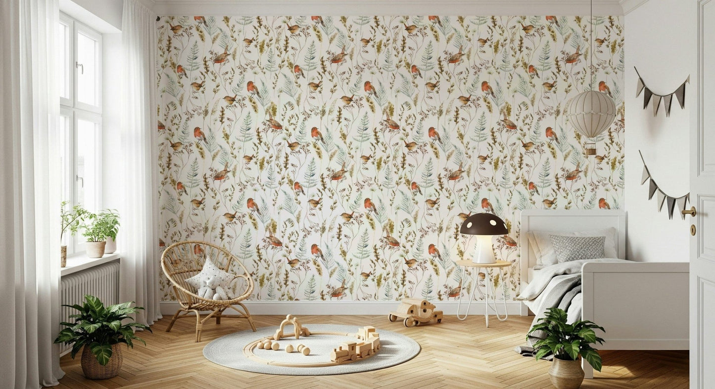 Bird and branch pattern wallpaper for a sophisticated dining area.