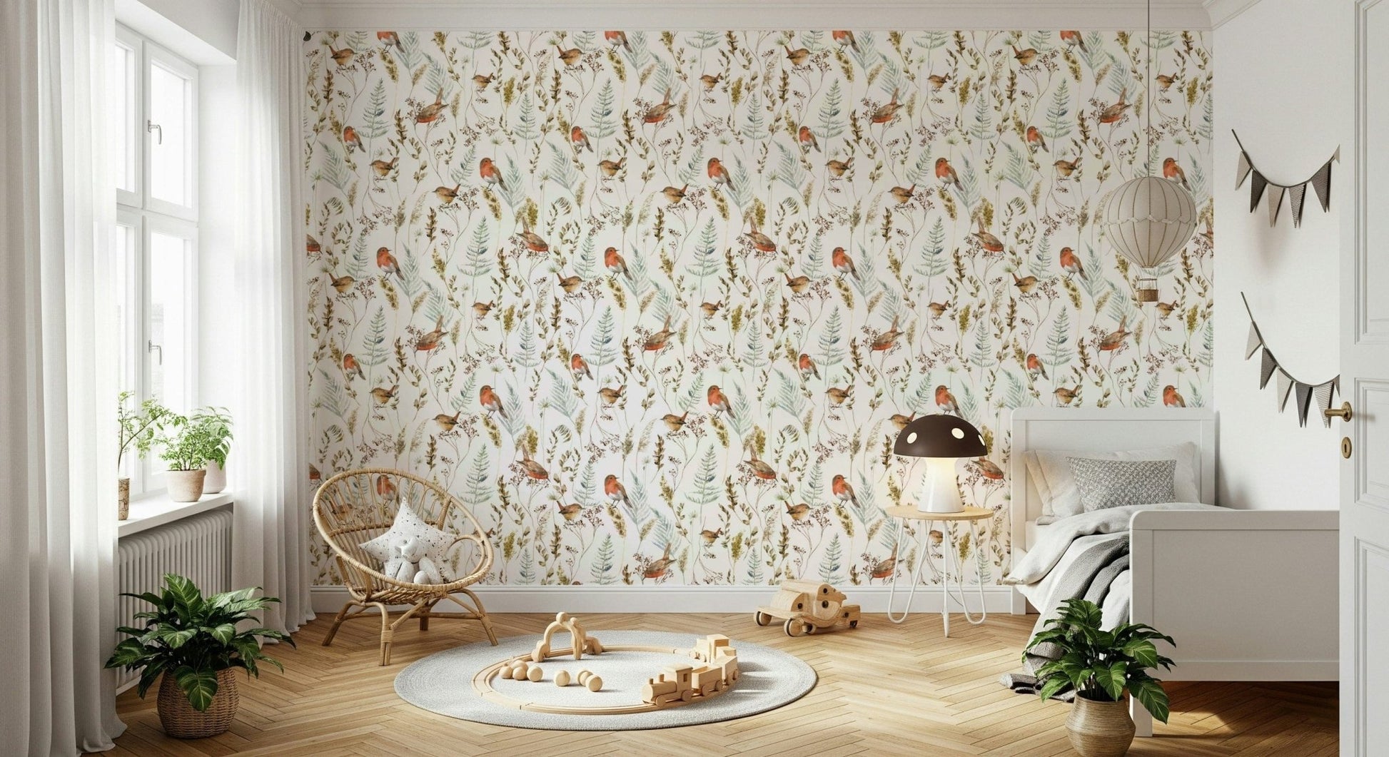 Bird and branch pattern wallpaper for a sophisticated dining area.