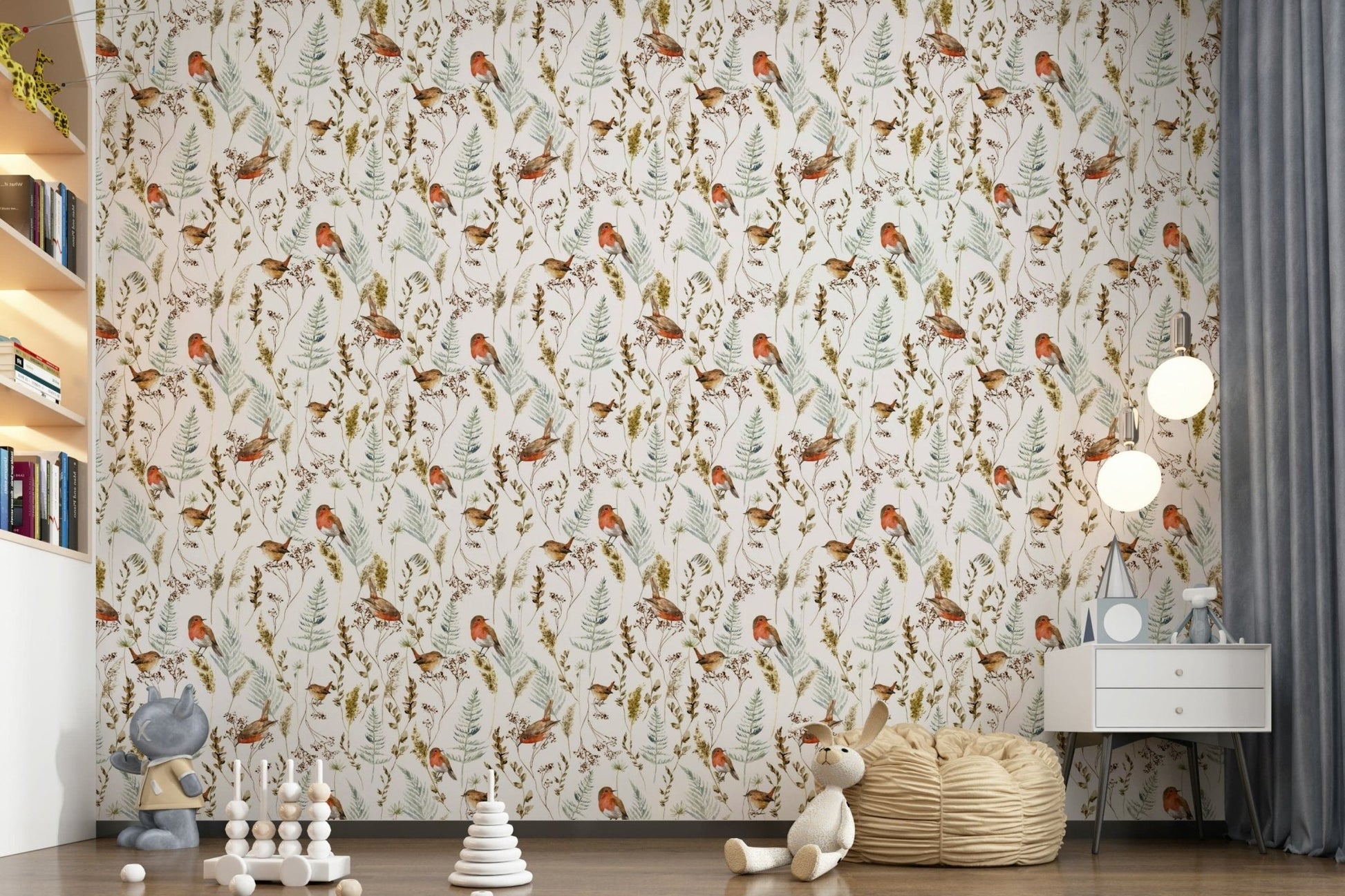 High-quality non-woven wallpaper with a peaceful bird song design.