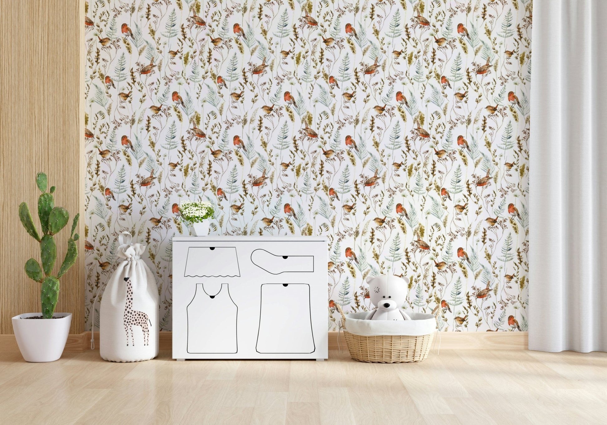 Soft grey and white seasonal nature scene mural for a nursery wall.