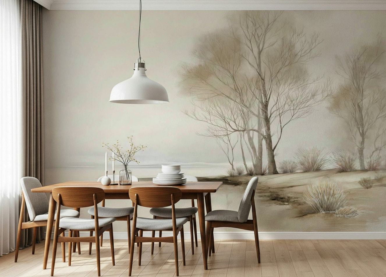 Winter Shoreline Trees Landscape wallpaper mural, neutral, misty river painting.