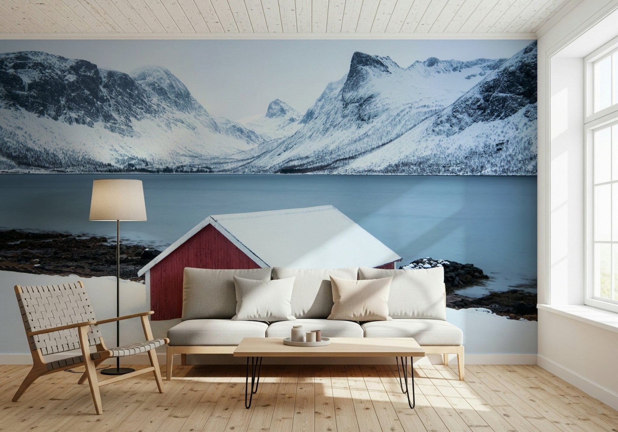 A beautiful panoramic snowscape wallpaper mural of a quiet winter scene., GD5890