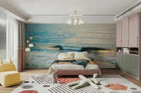 A peaceful open ocean mural on decorative wallpaper.

