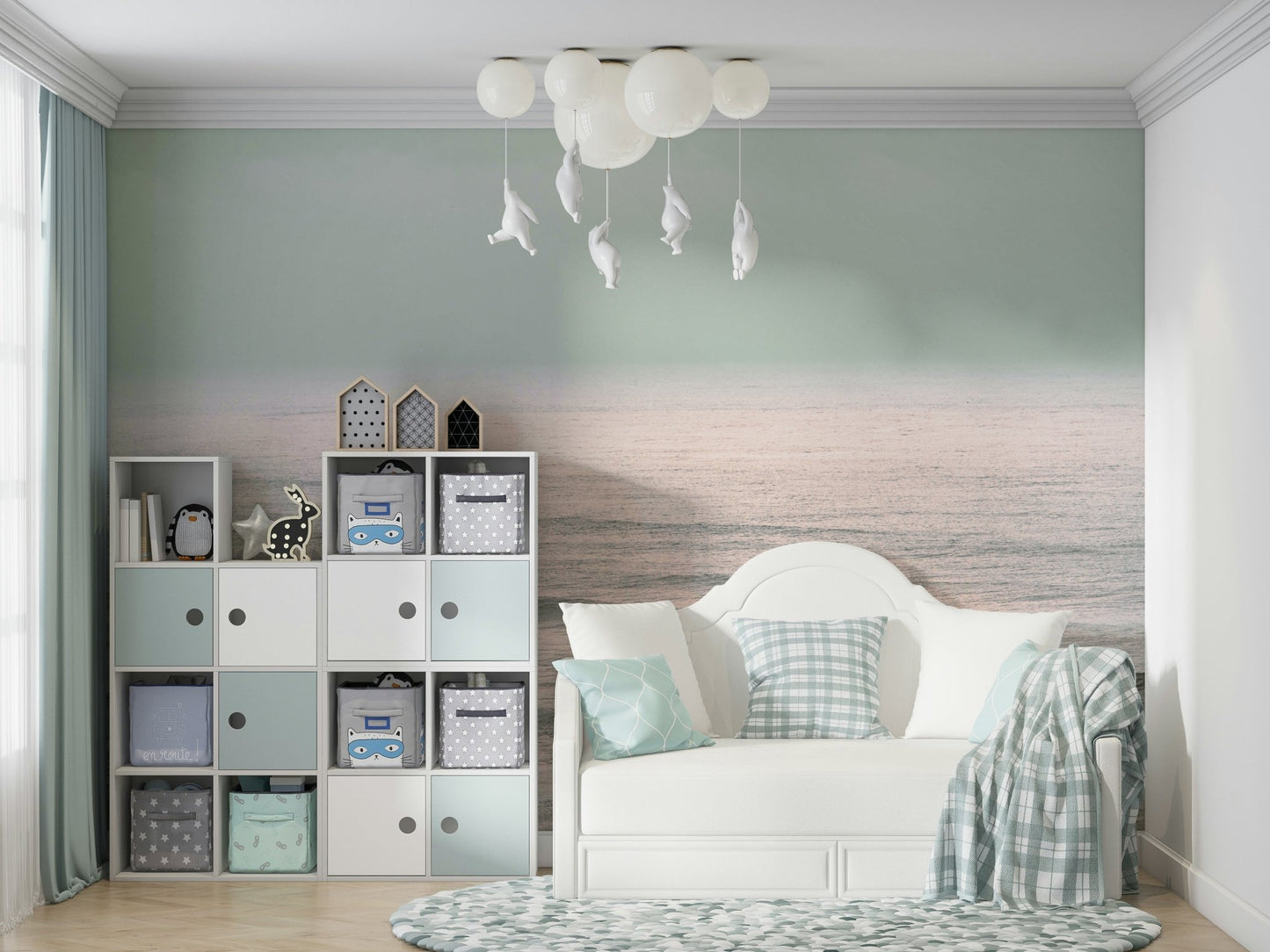 A calming abstract wave wallpaper mural that defines a space.

