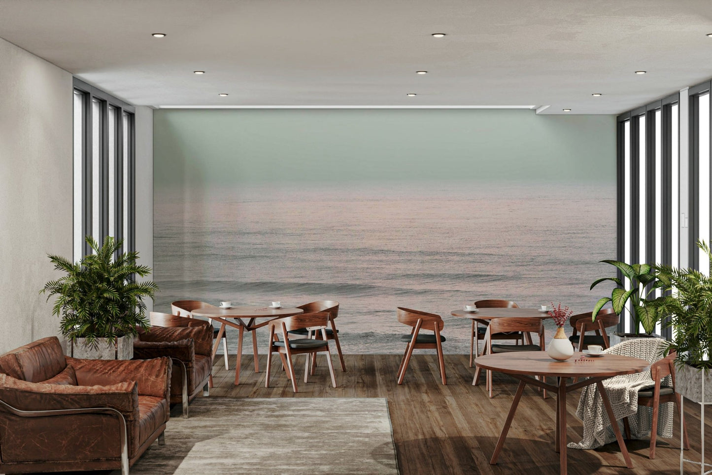 An artistic moody sea mural on minimalist wallpaper.

