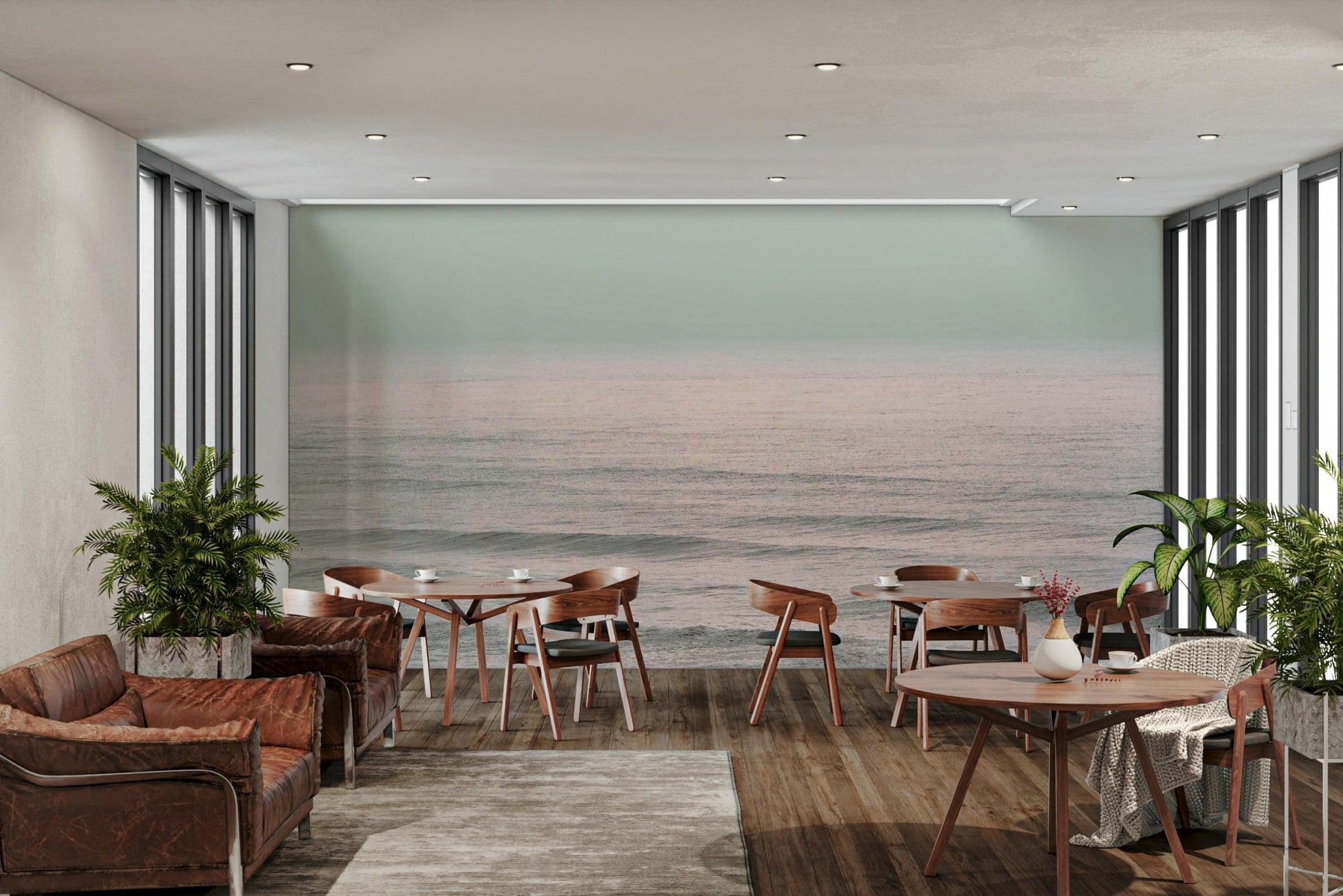 An artistic moody sea mural on minimalist wallpaper.

