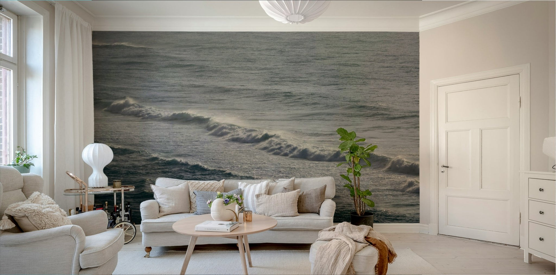 A serene winter wave wall mural for nautical decor.

