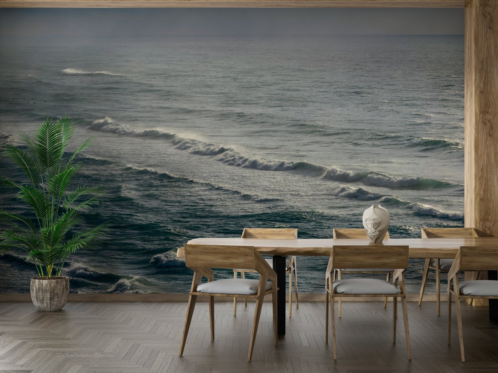 A calming abstract wave wallpaper mural that defines a space.

