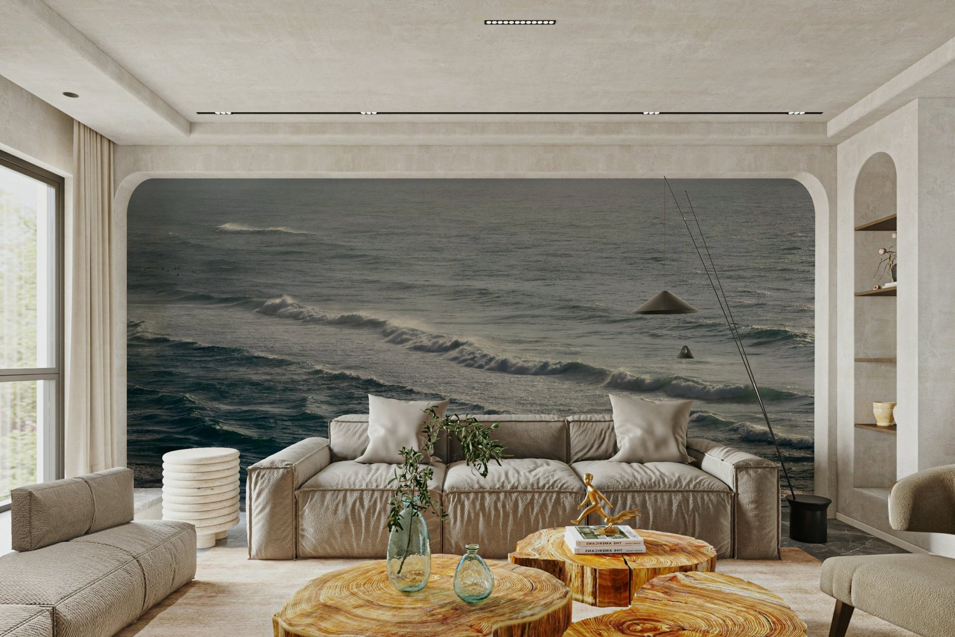 A peaceful open ocean mural on decorative wallpaper.

