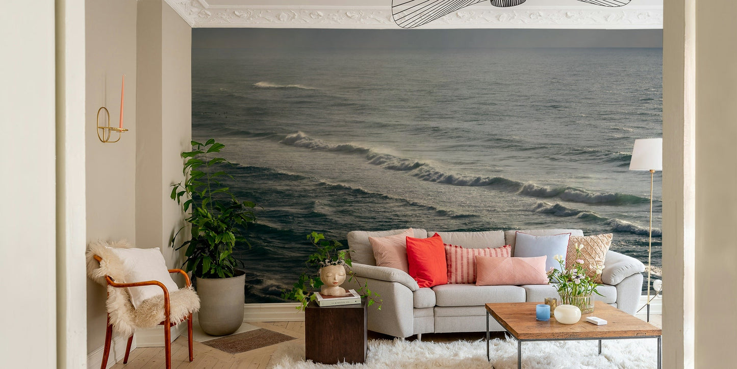 An artistic moody sea mural on minimalist wallpaper.


