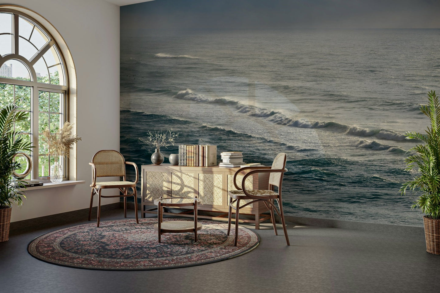 A graceful wave texture wall mural in cool, deep tones.

