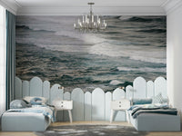A peaceful winter surf mural on decorative wallpaper.

