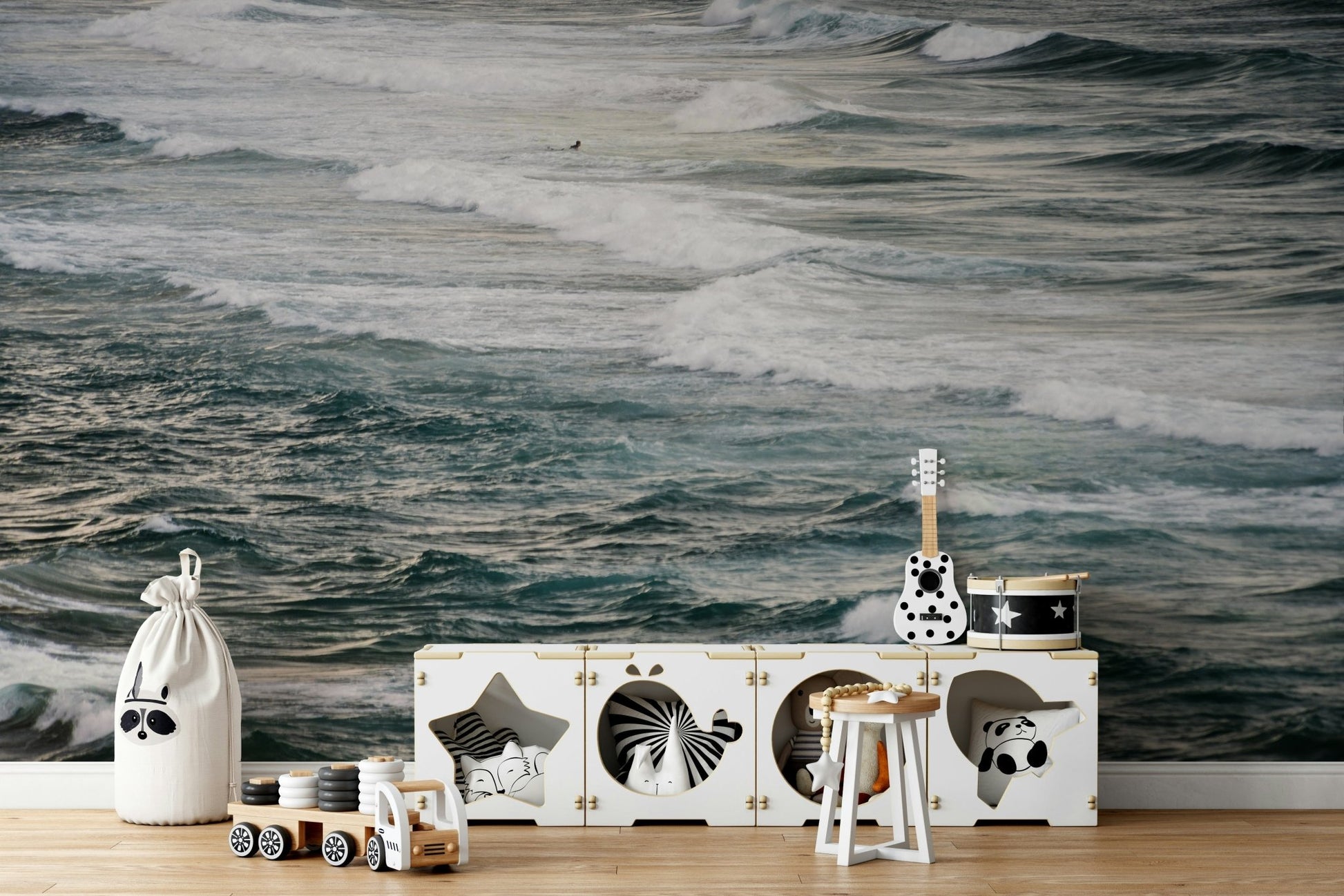 An artistic winter wave mural on minimalist wallpaper.

