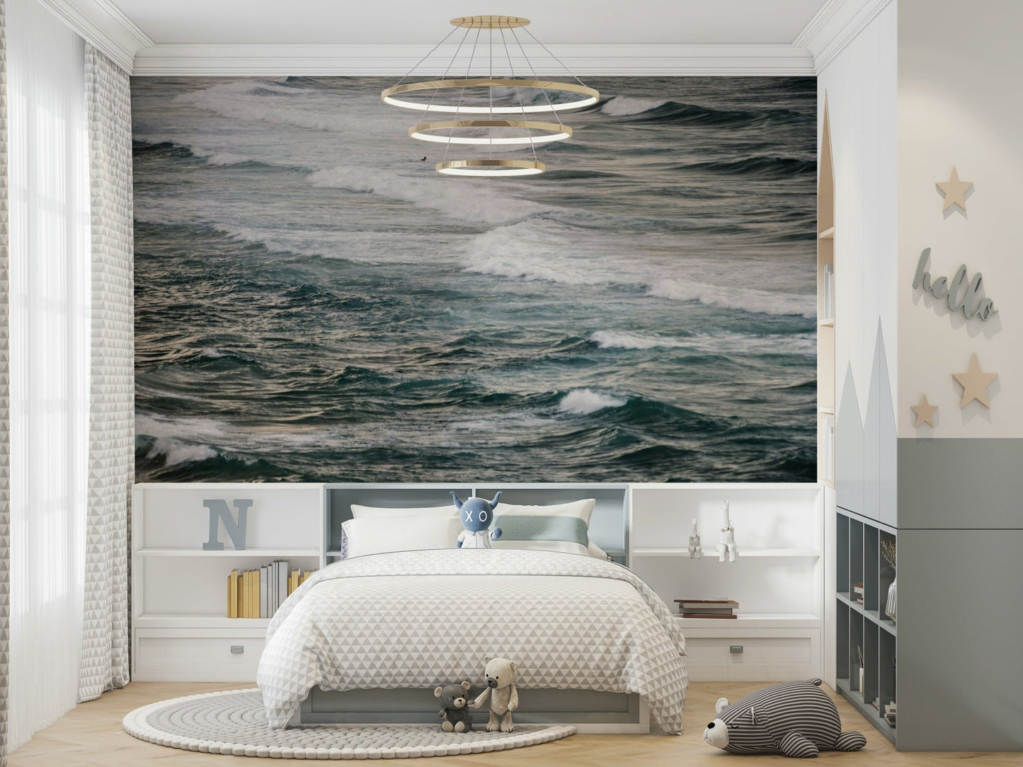 A tranquil surfing scene wall mural for nautical decor.

