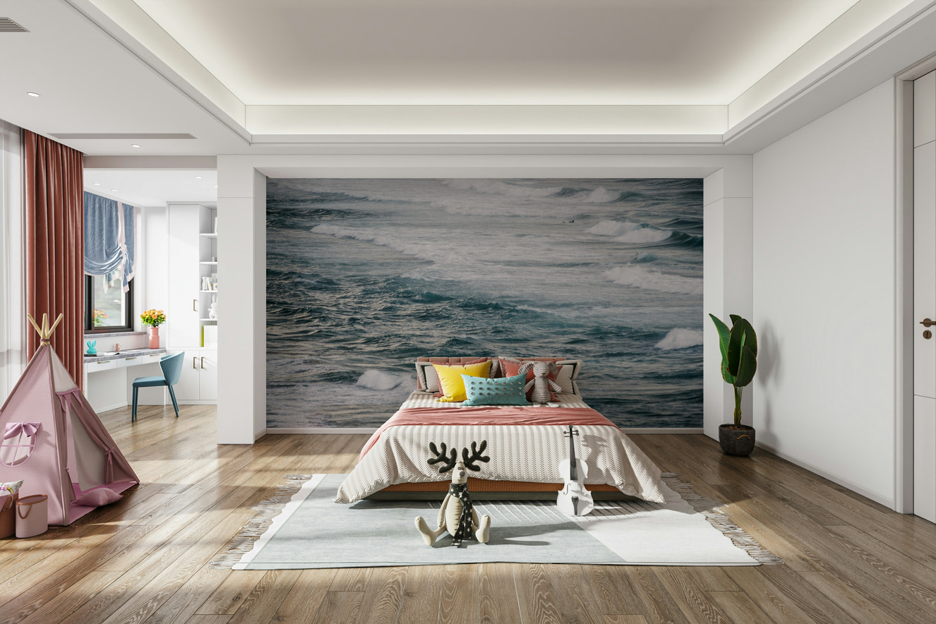A beautiful dramatic ocean wallpaper mural with crashing waves.

