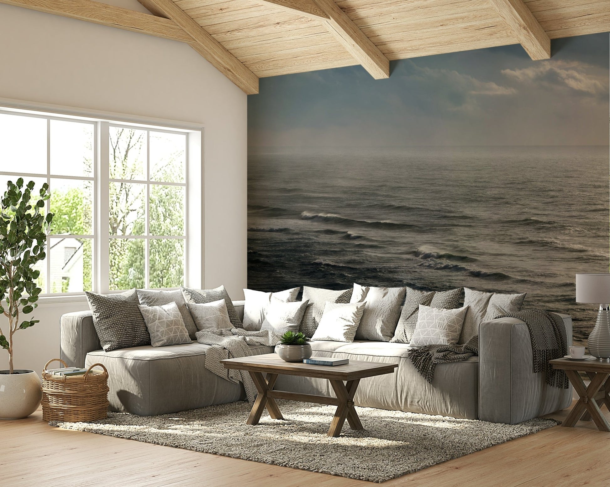 A serene winter wave wall mural for nautical decor.

