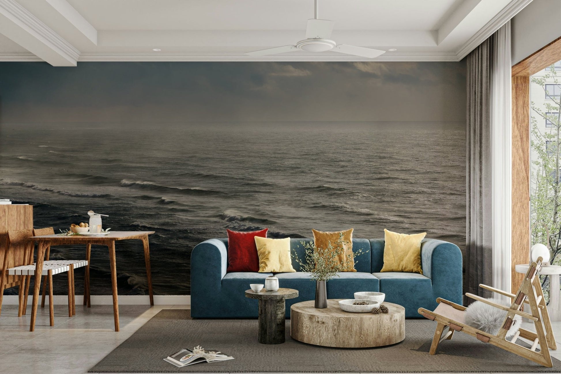 An artistic moody sea mural on minimalist wallpaper.

