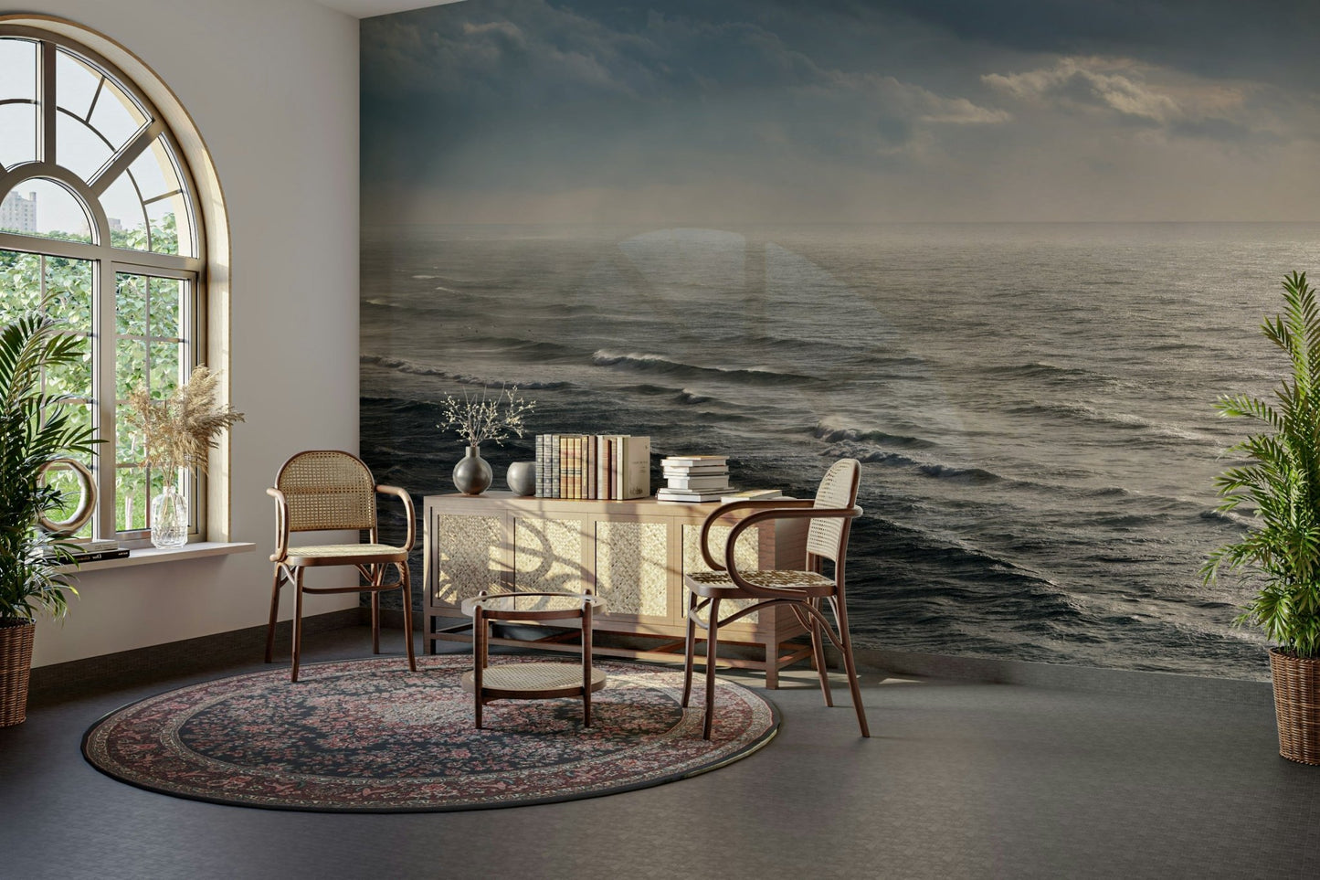 A graceful wave texture wall mural in cool, deep tones.

