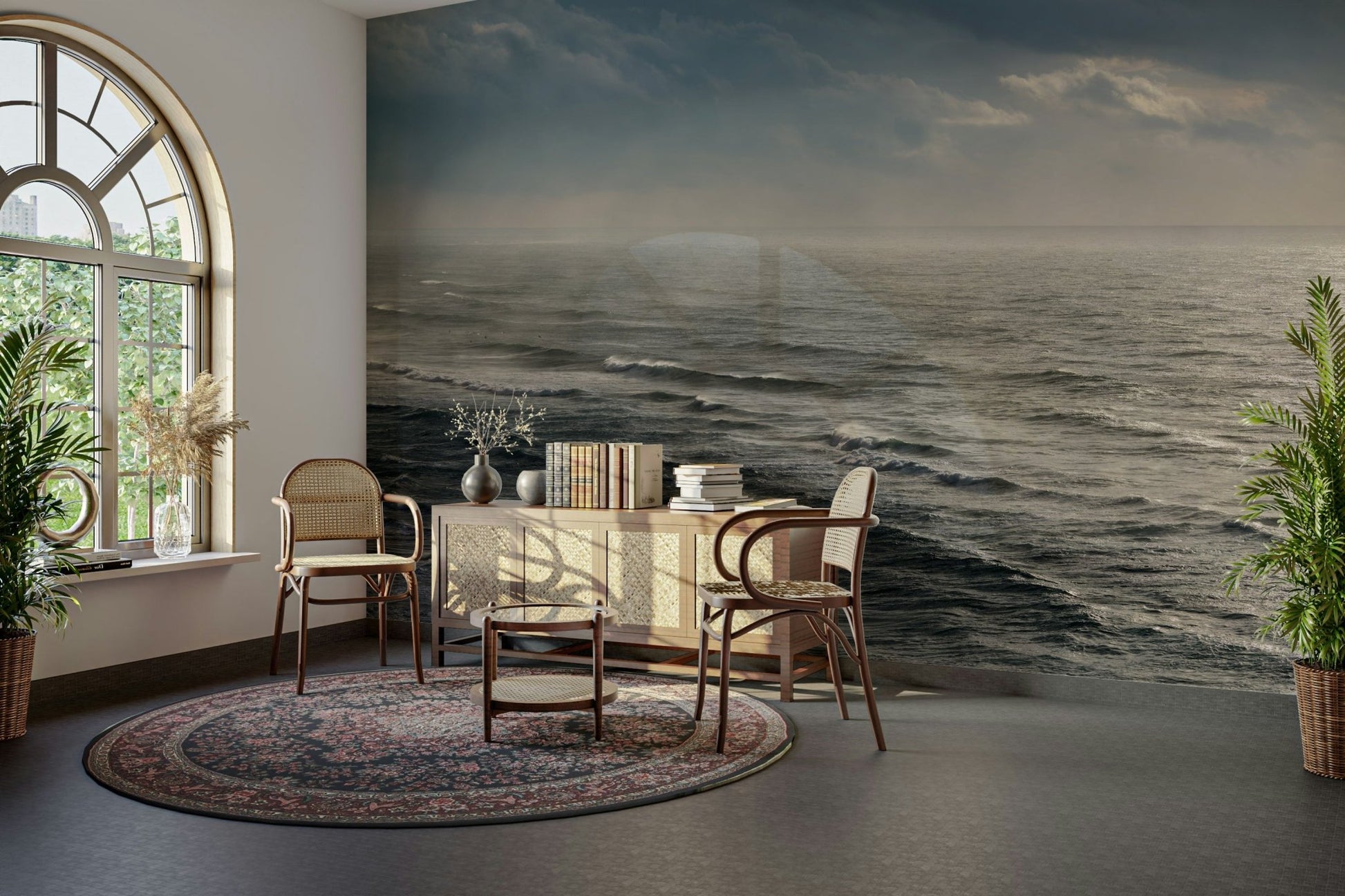A graceful wave texture wall mural in cool, deep tones.


