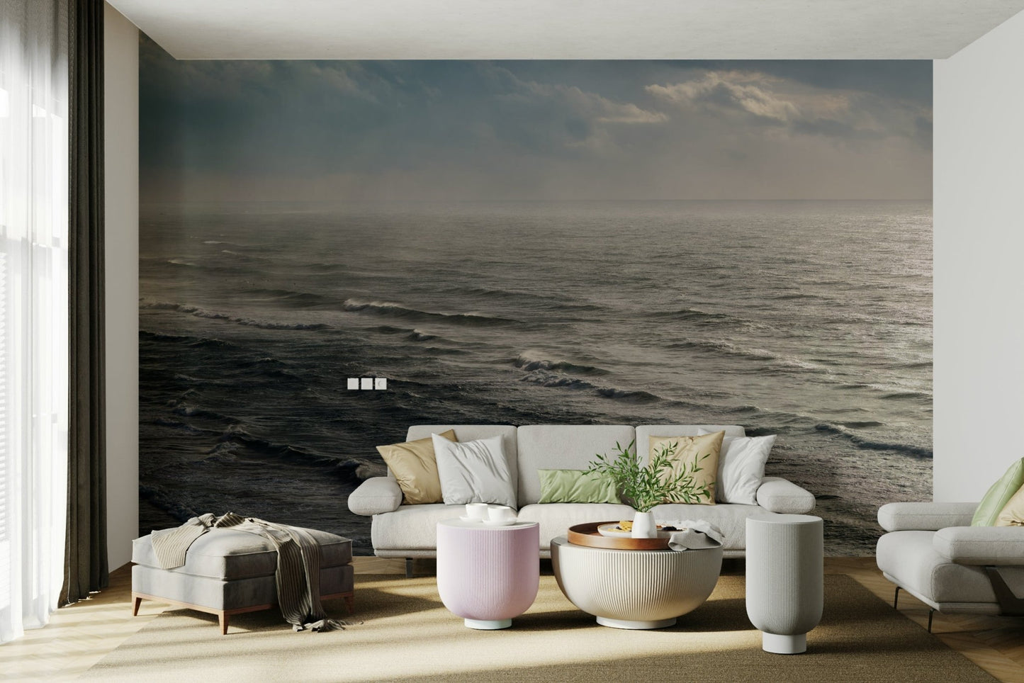 A peaceful open ocean mural on decorative wallpaper.

