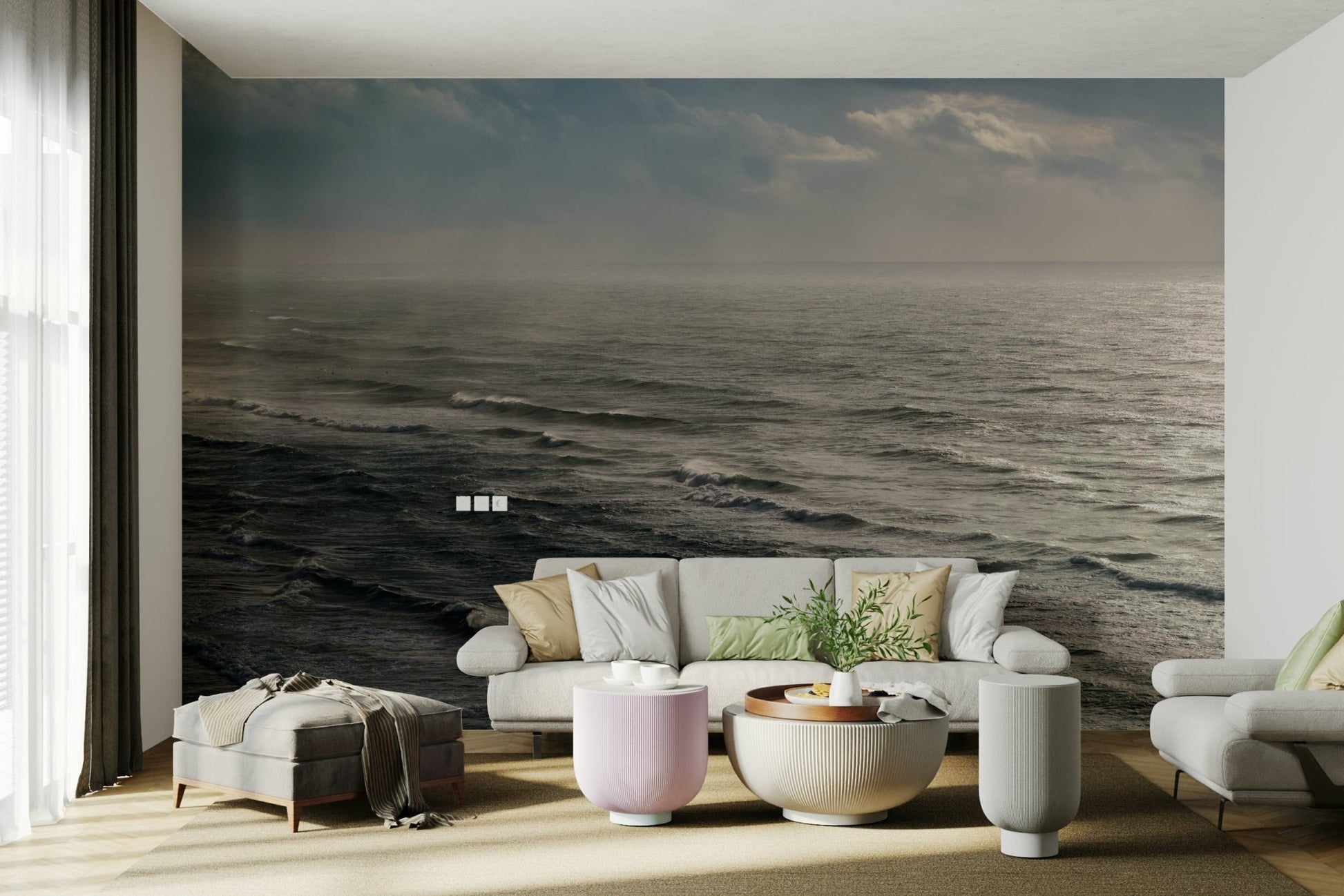 A peaceful open ocean mural on decorative wallpaper.

