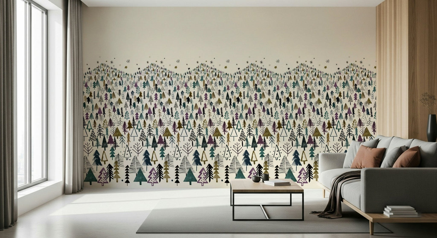 Detailed tree silhouette wall mural for a neutral-toned nursery.