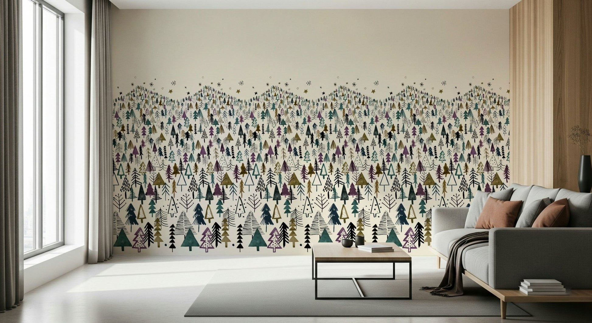 Detailed tree silhouette wall mural for a neutral-toned nursery.