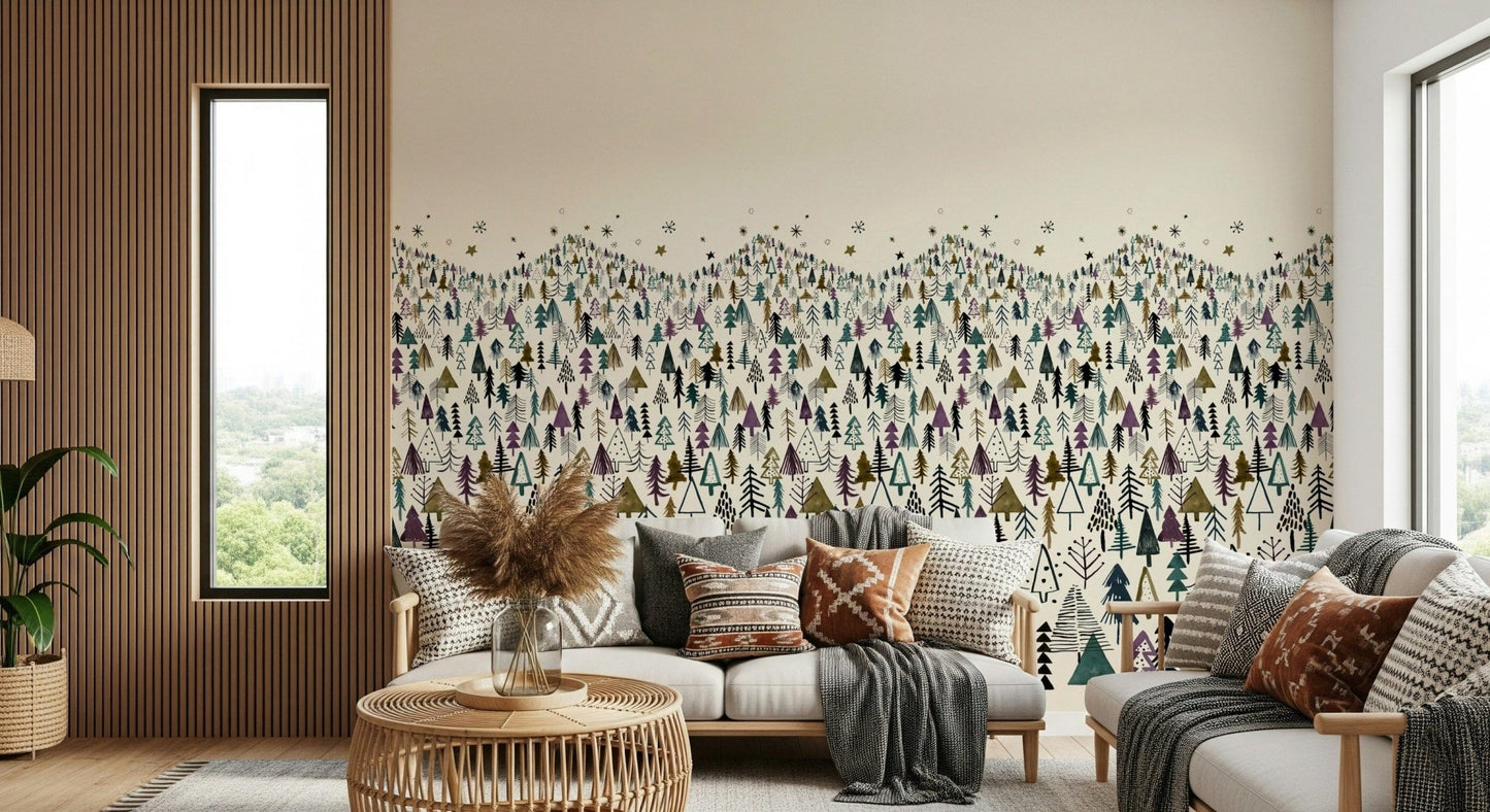 Winter Tree Wonderland wall mural in a bright and airy guest suite.