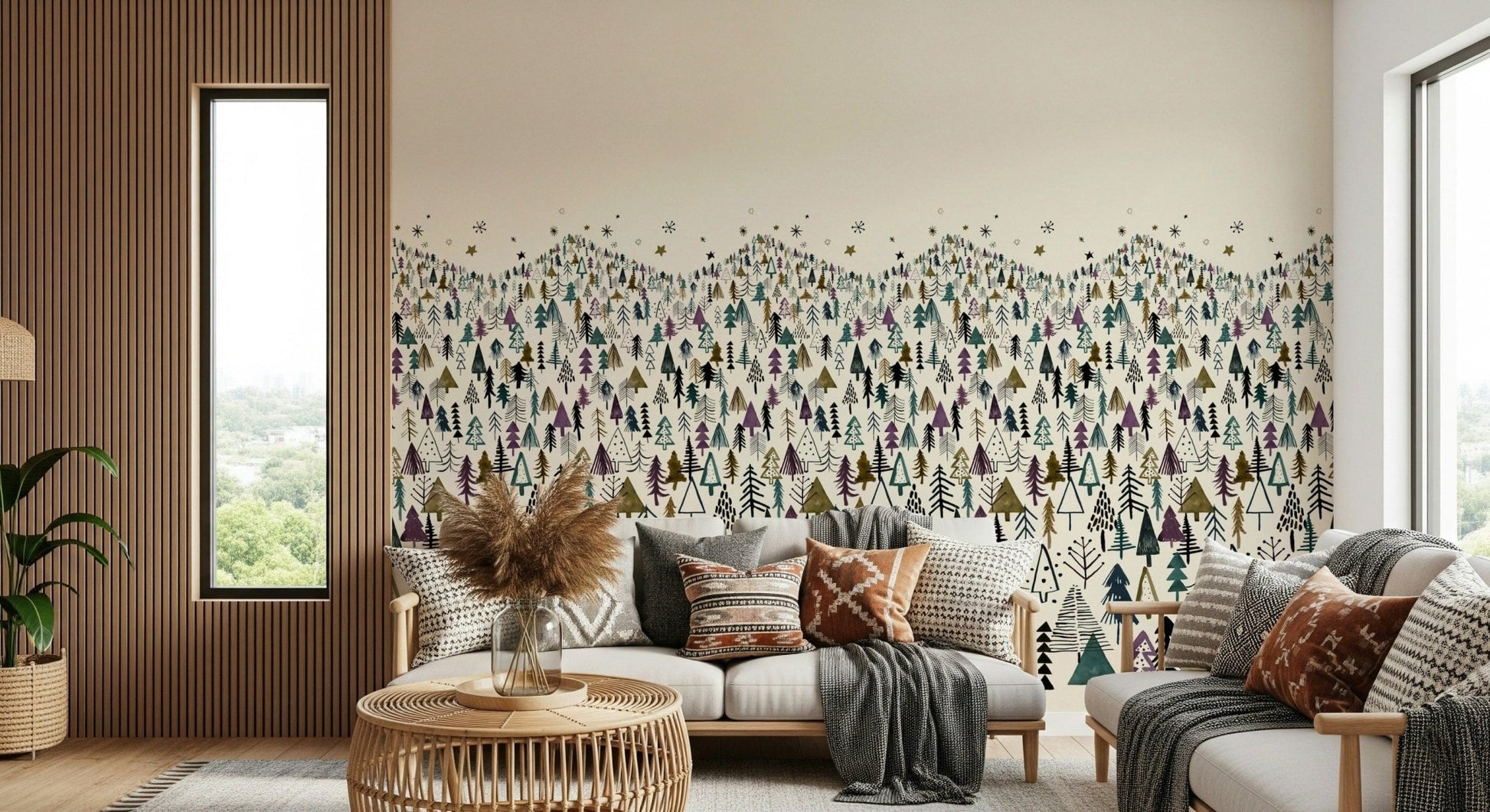 Winter Tree Wonderland wall mural in a bright and airy guest suite.
