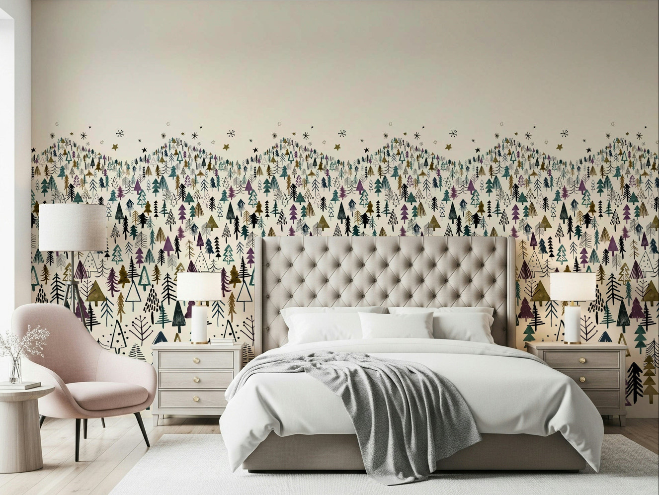 Misty woodland wall mural for a contemporary dining area feature wall.