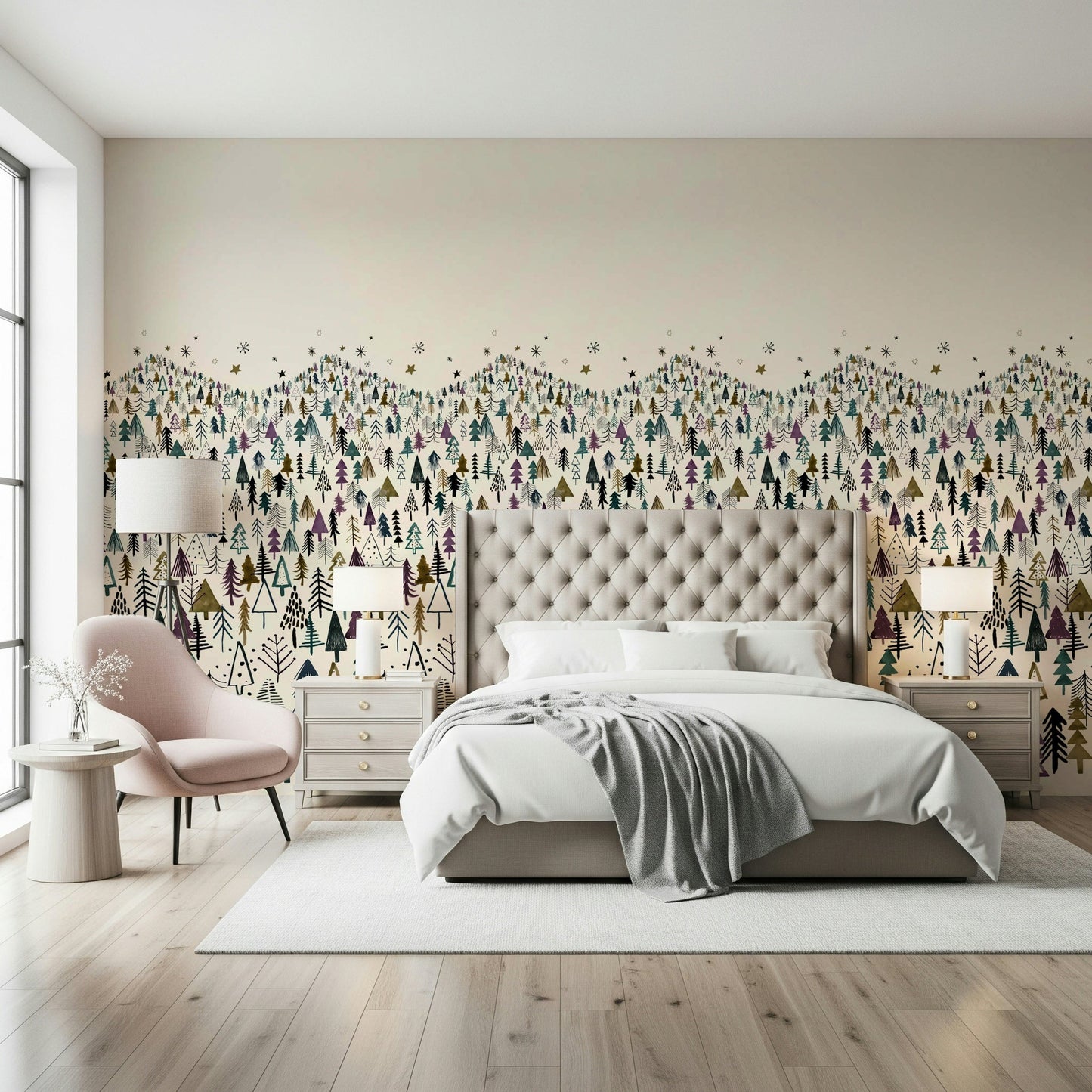 Misty woodland wall mural for a contemporary dining area feature wall.