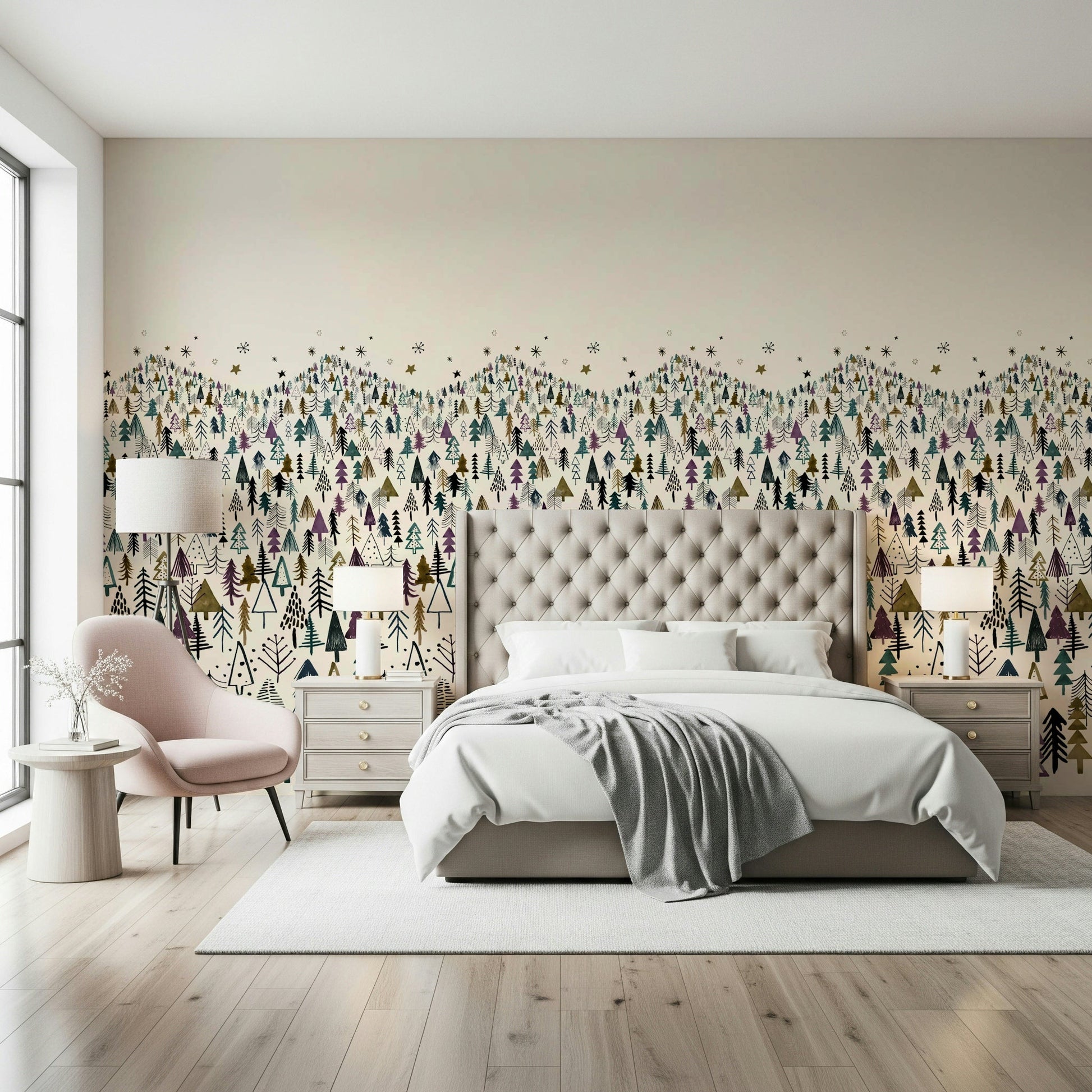 Misty woodland wall mural for a contemporary dining area feature wall.